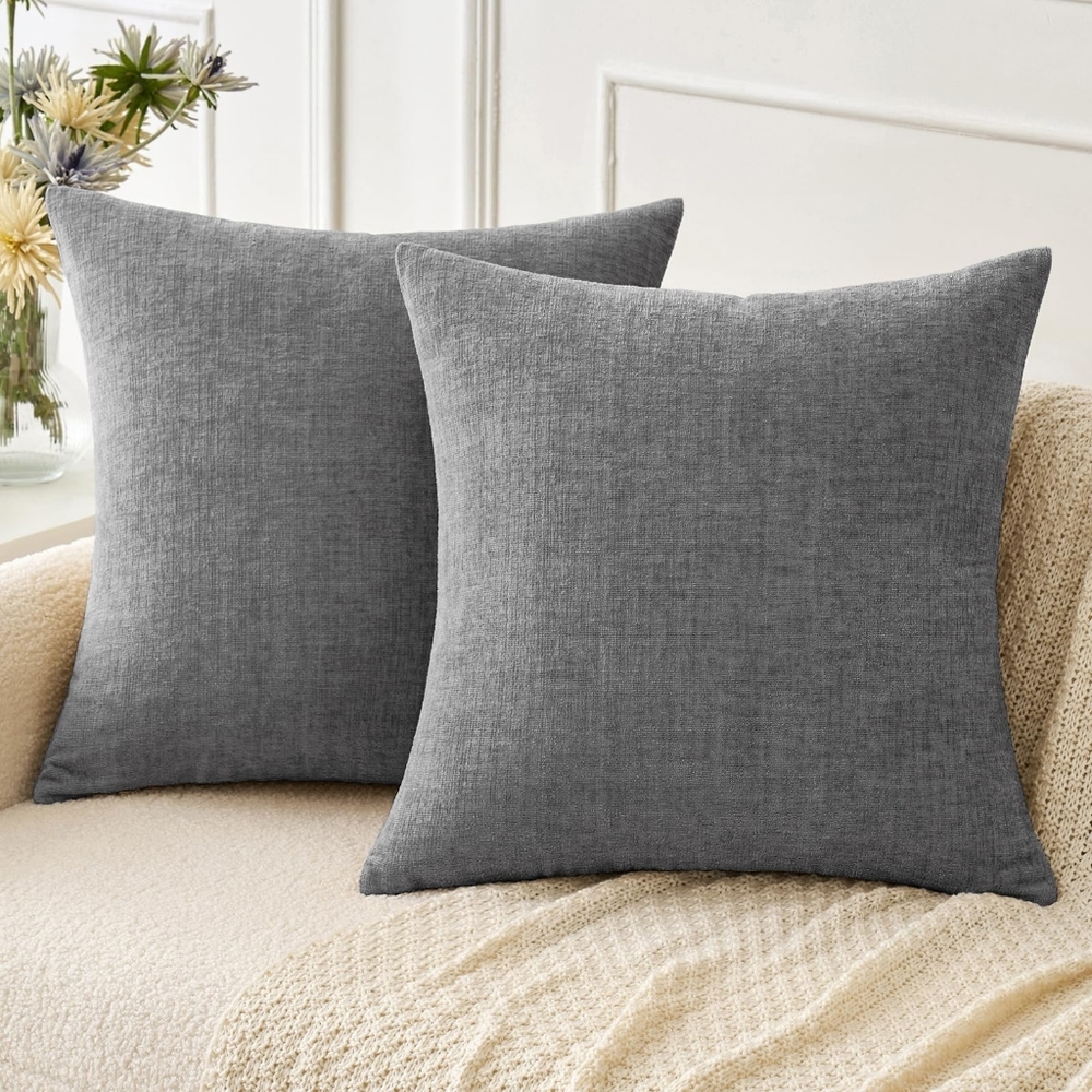 Pack‎ of 2 Couch Throw Pillow Covers 20x20 Inch Soft Dark Gray Chenille New